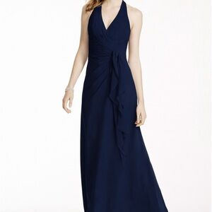 David's Bridal NWT Navy Blue Tie Back Halter Bridesmaid Maxi dress Size 6